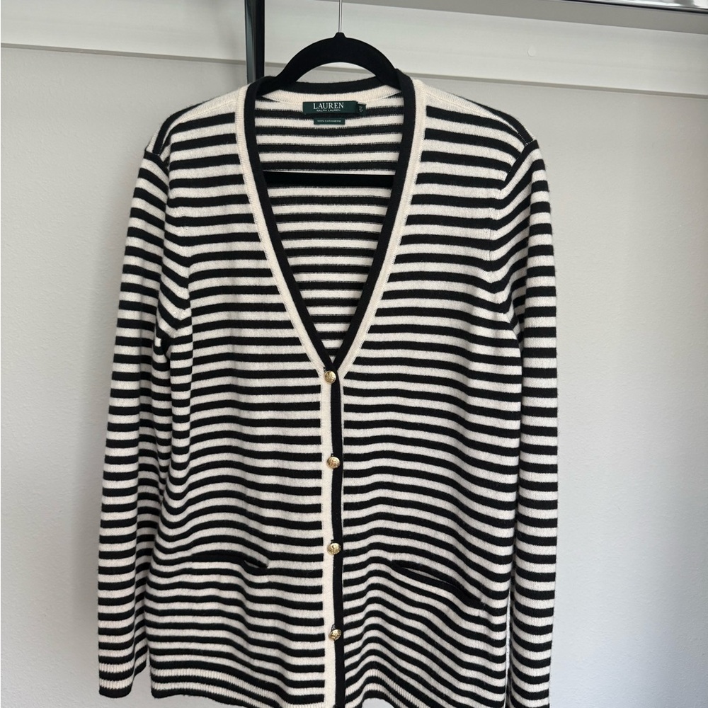 Lauren Ralph Lauren Black and Cream Striped Cashmere Cardigan
